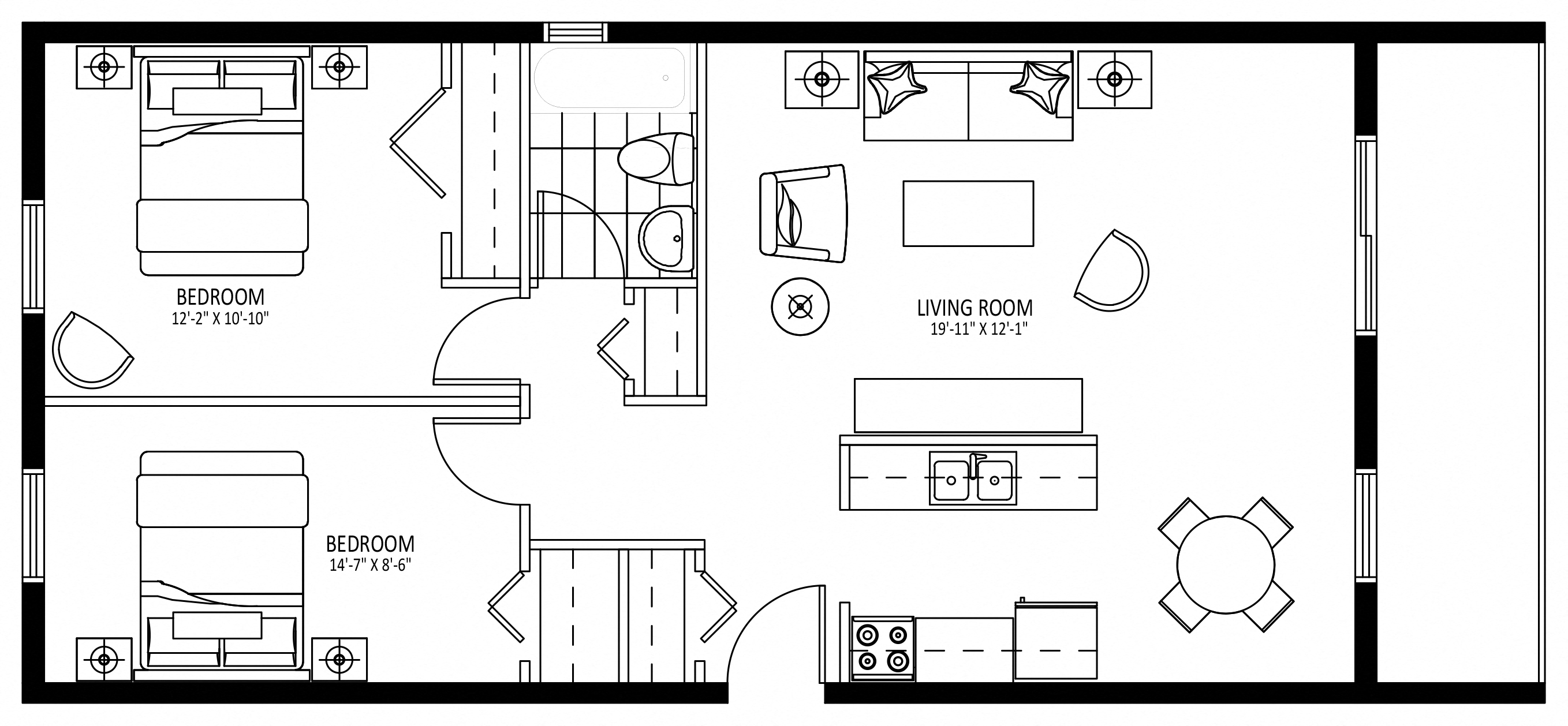 Floor plan for 2 beds, 1 bath, 846 sqft